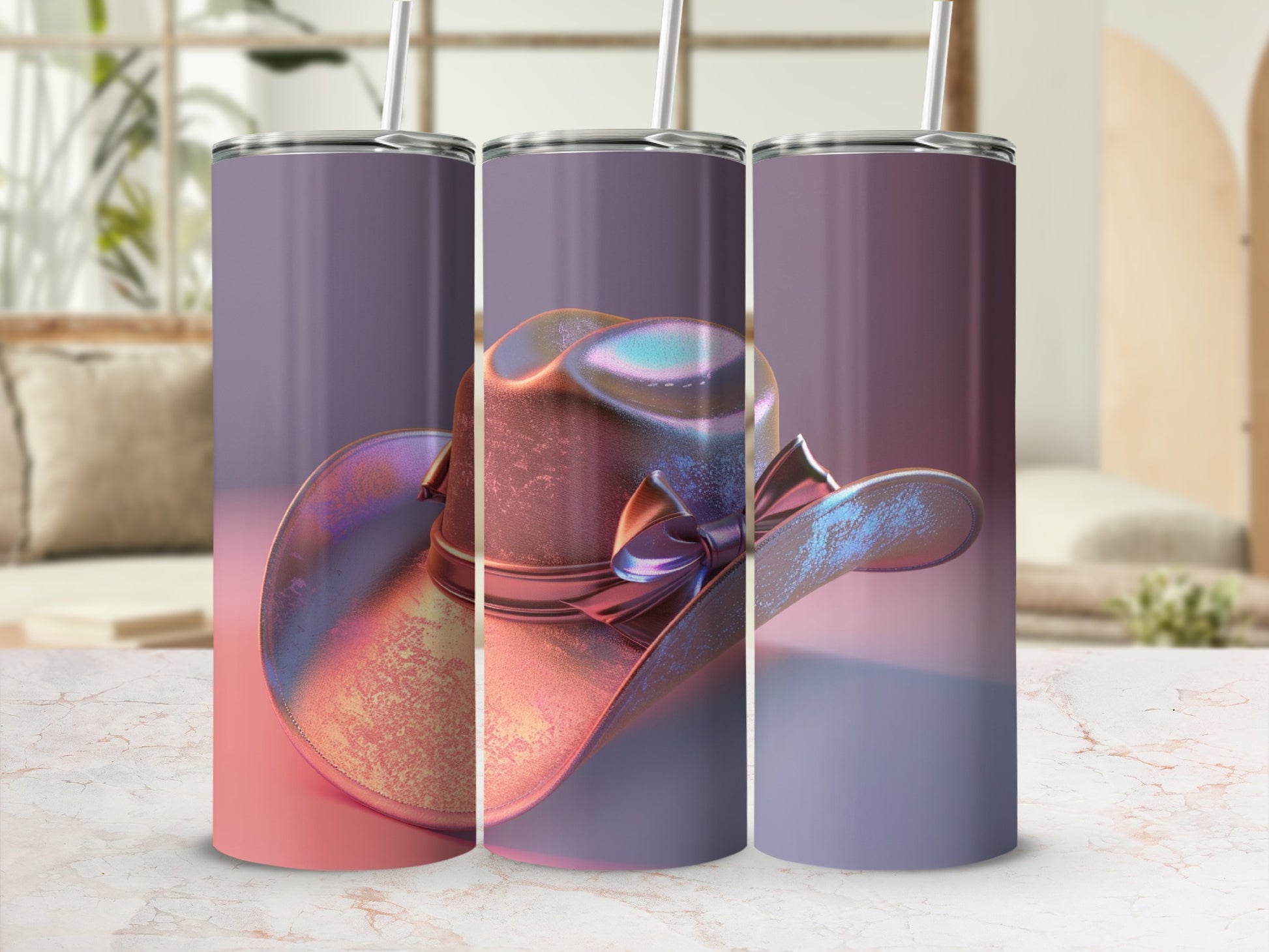 Three iridescent cowboy hats in a row, displayed on a countertop.