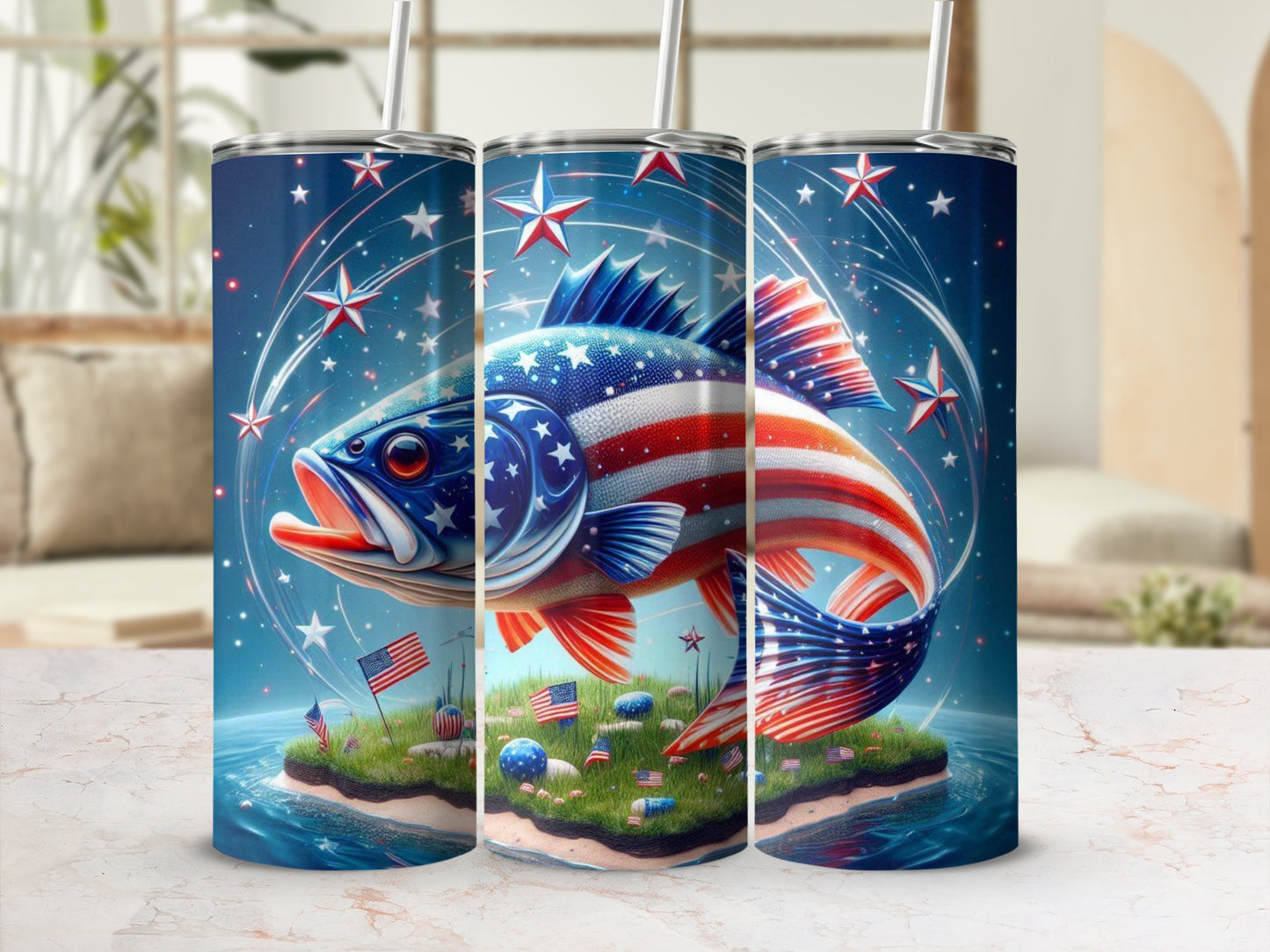 Fish with American flag design on a patriotic island with stars and fireworks.
