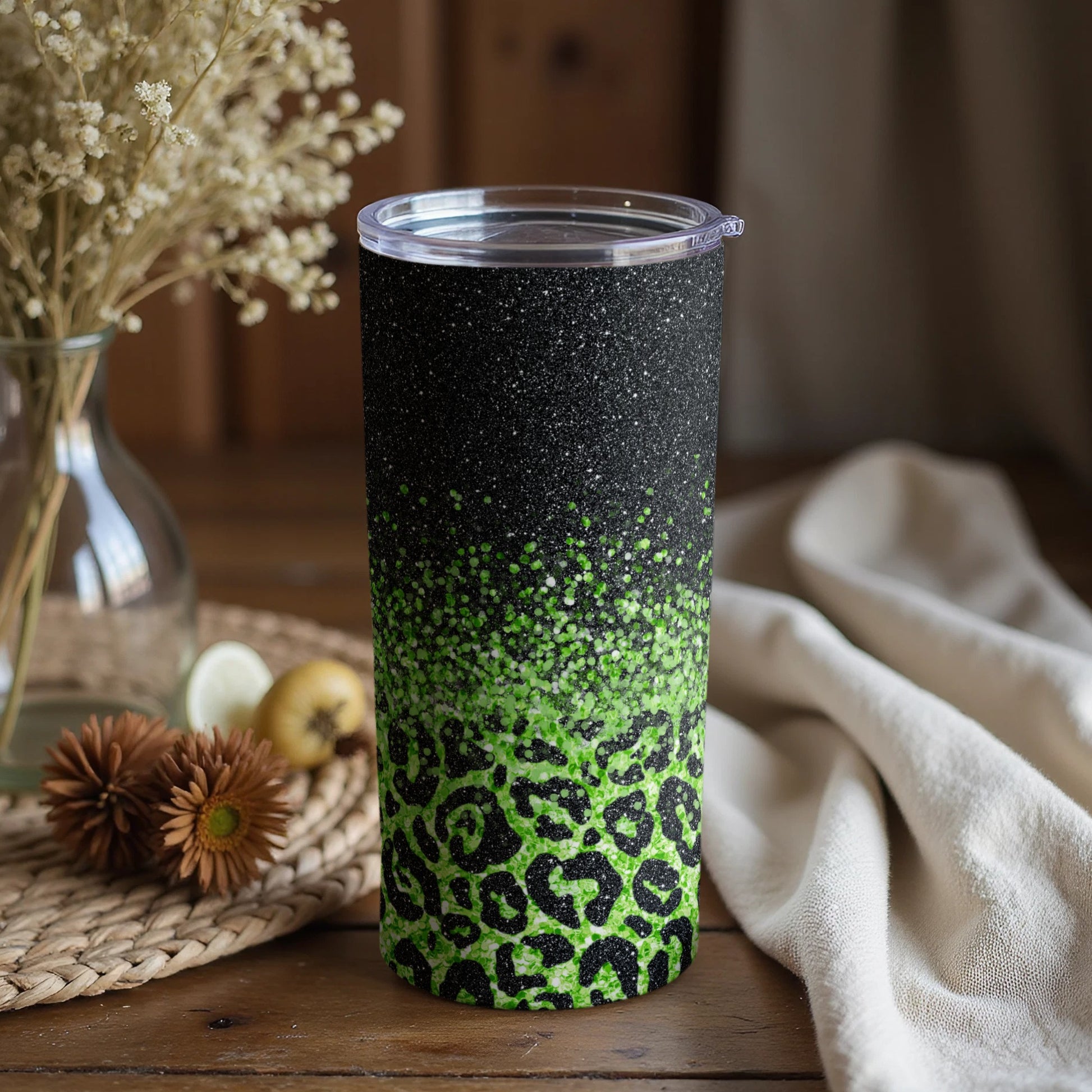 Gradient Black and Green Leopard Print Tumbler