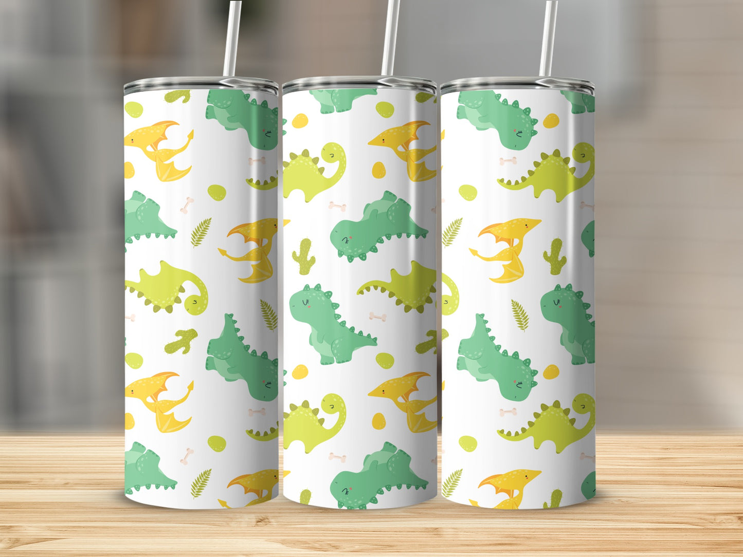Cute Dinosaur Patterned White Insulated Tumbler Product