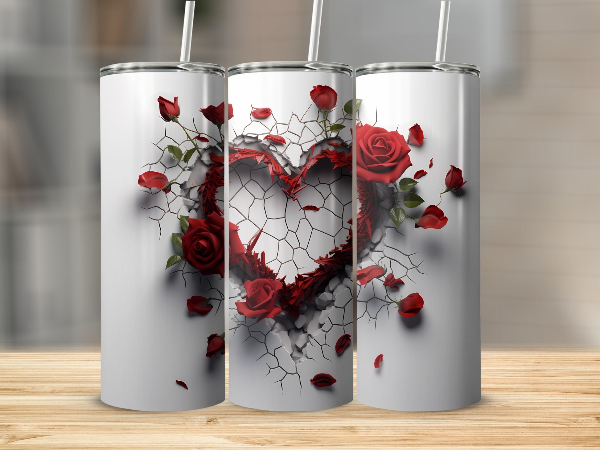 Cracked Heart and Red Roses Design Tumbler Product