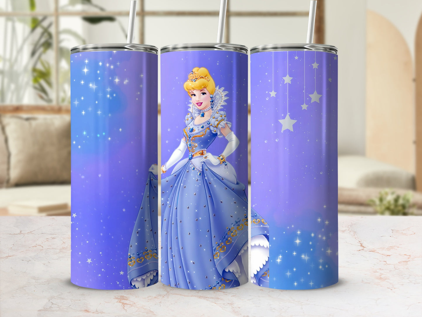 Elegant Princess Tumbler with Stars and Blue Dress Design