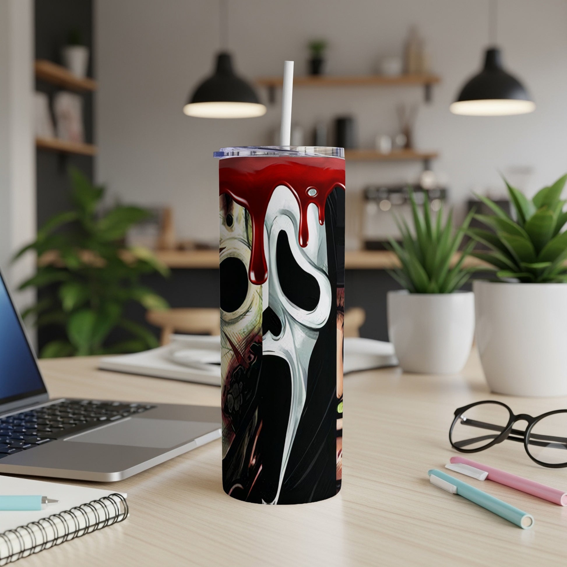 Horror-themed tumbler with Ghostface mask and bloody details.