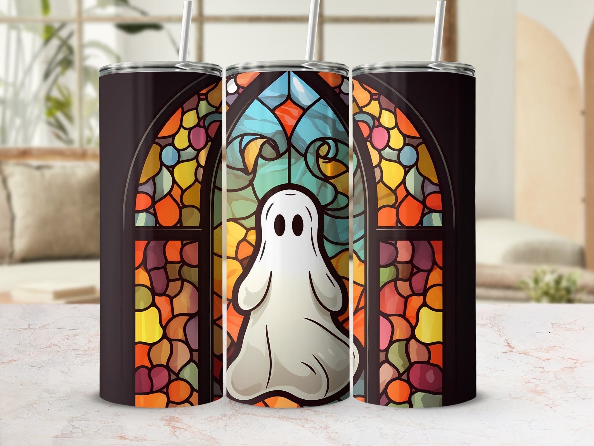 Ghost in stained glass window design on a tumbler.