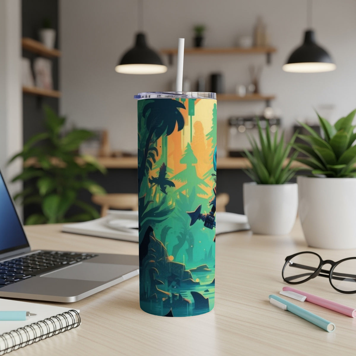 Tall tumbler with a jungle scene featuring a character and flying creatures.