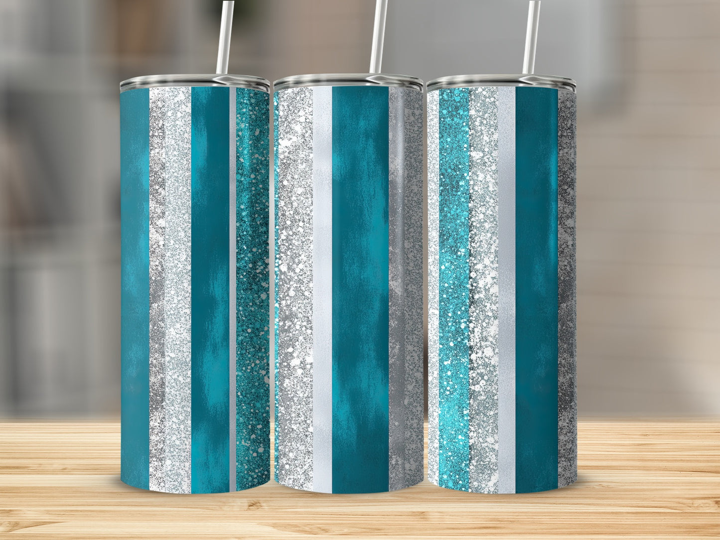 Teal Silver Vertical Lines Abstract Pattern Cool Tumblers