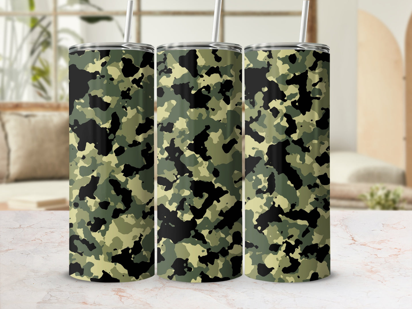 Three tumblers with a green, black, and beige camouflage pattern.