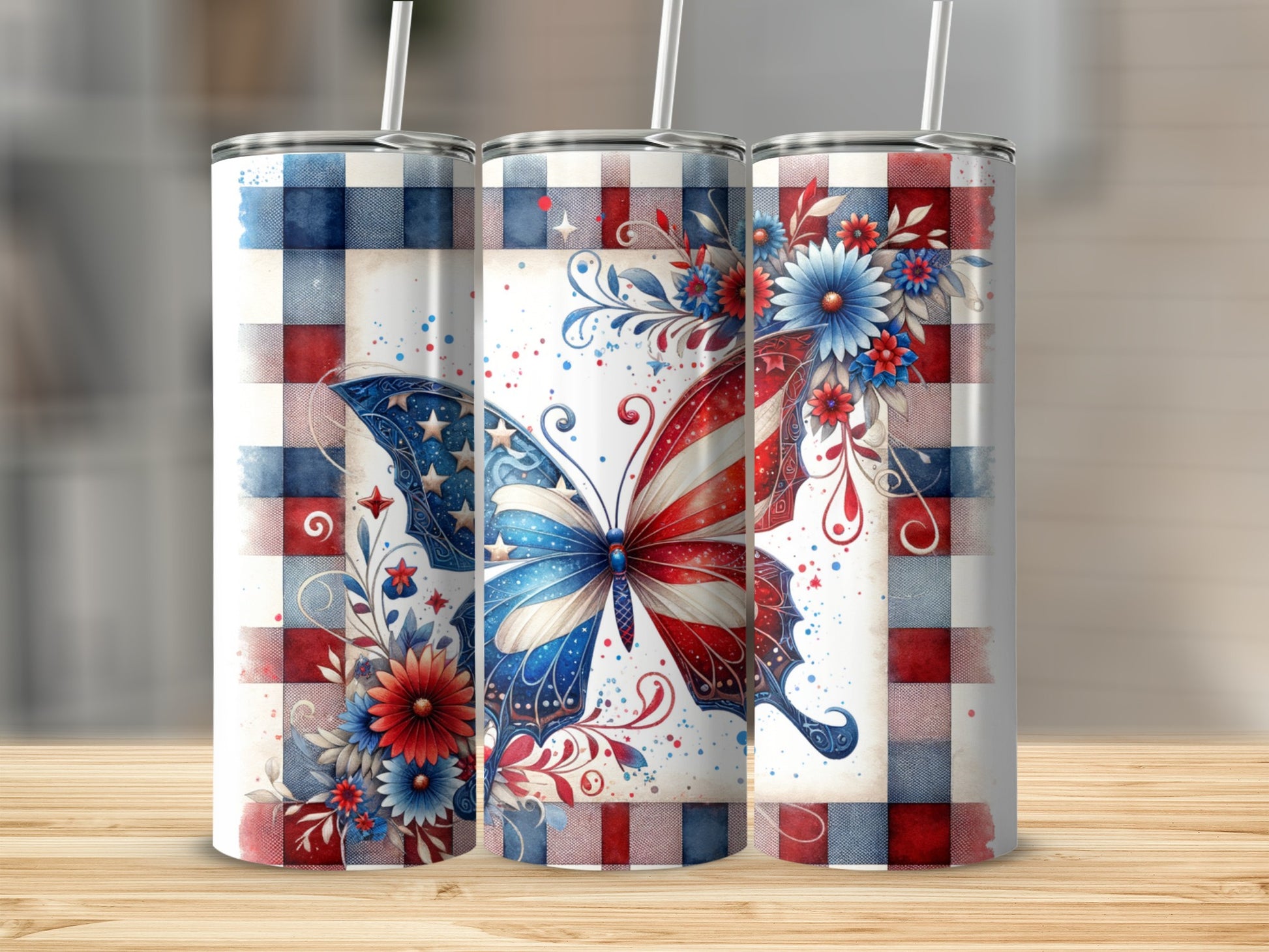 Three tumblers with patriotic butterfly and floral designs on checkered backgrounds.