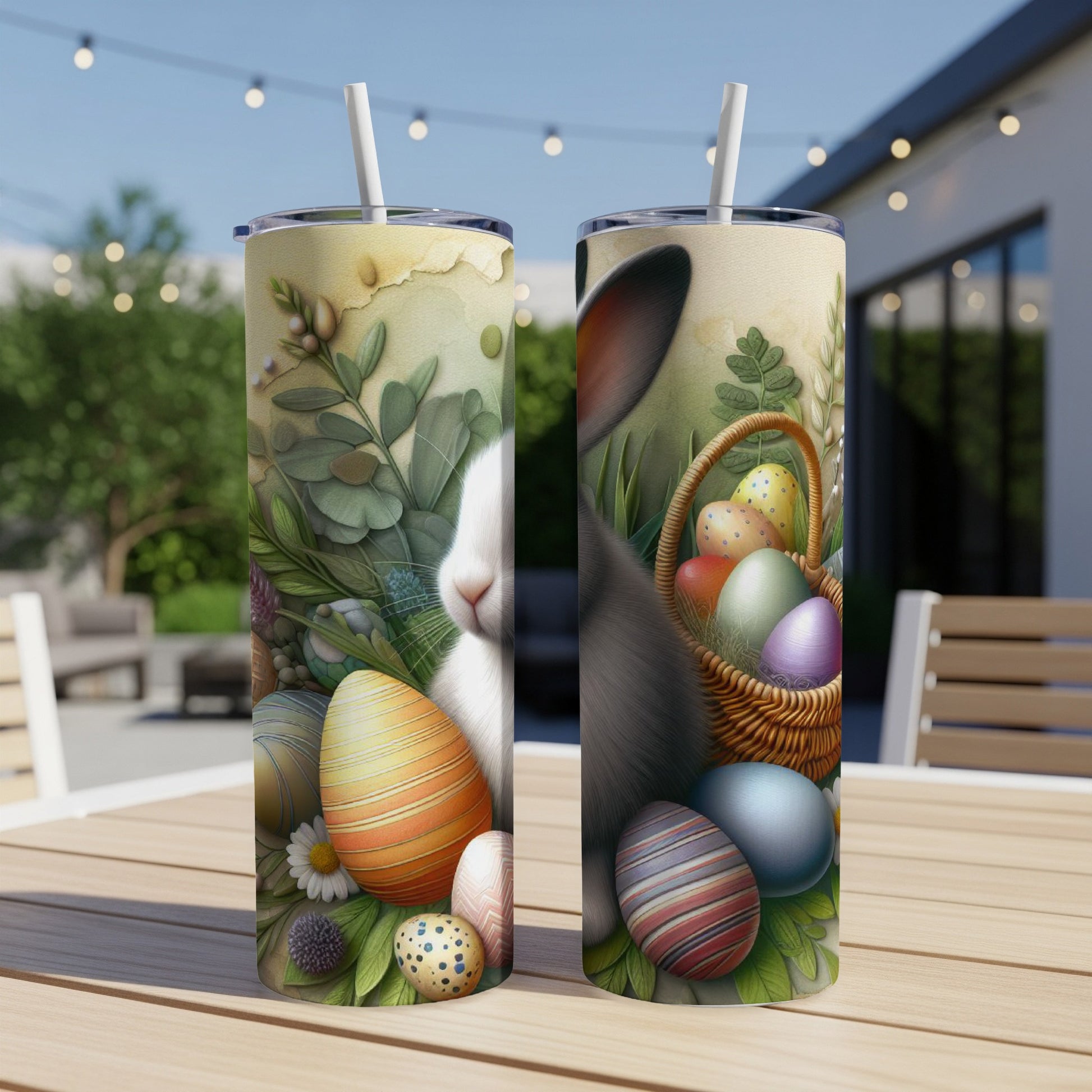 Easter themed tumblers with rabbits, colorful eggs, and a basket of eggs.