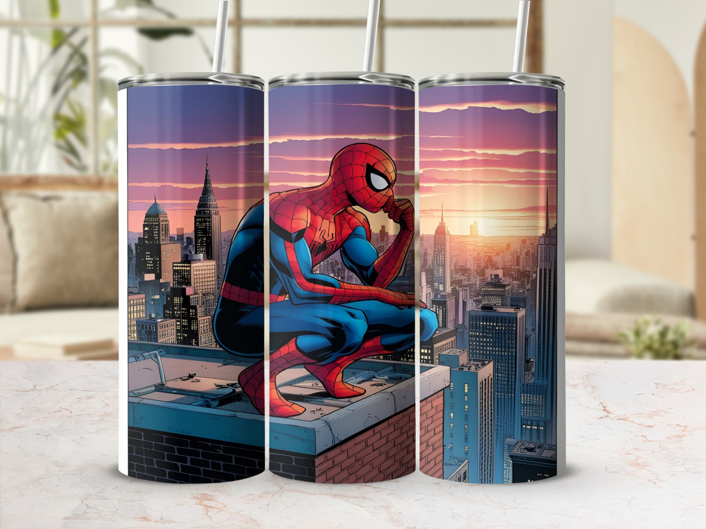 Spiderman crouches on a rooftop overlooking a city at sunset.