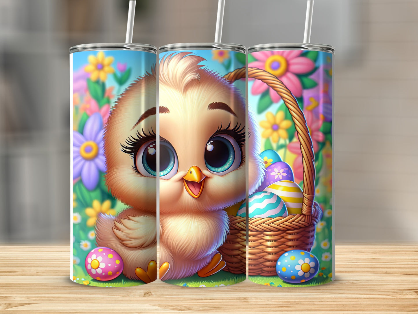Cute chick with Easter eggs and basket on floral background.