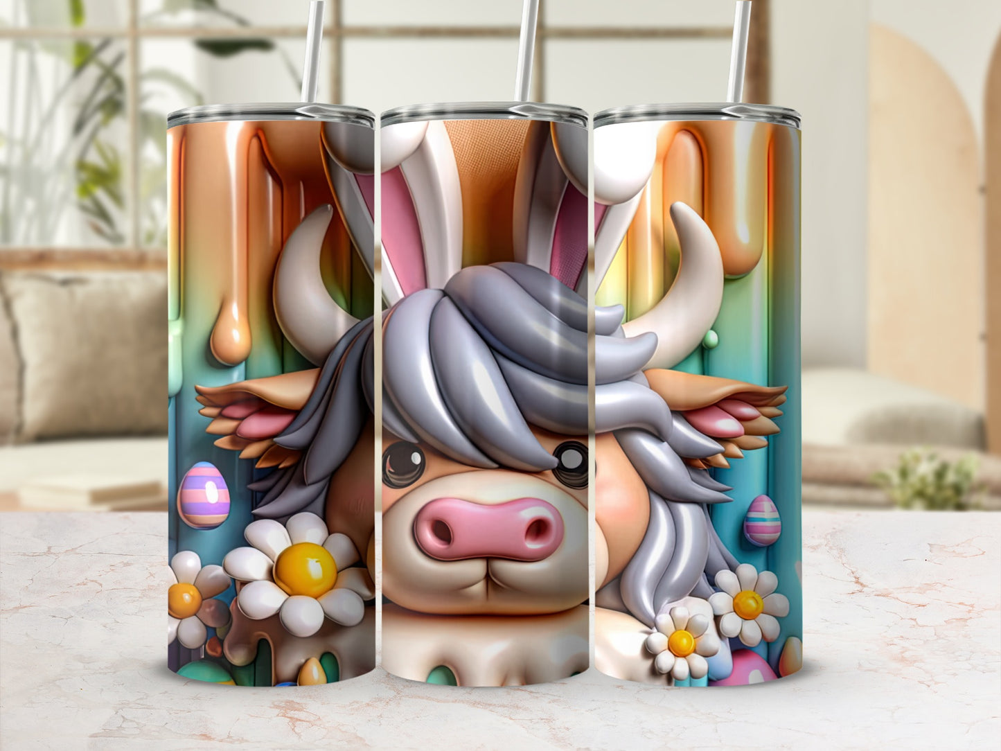 Highland cow with bunny ears and Easter eggs on a tumbler.
