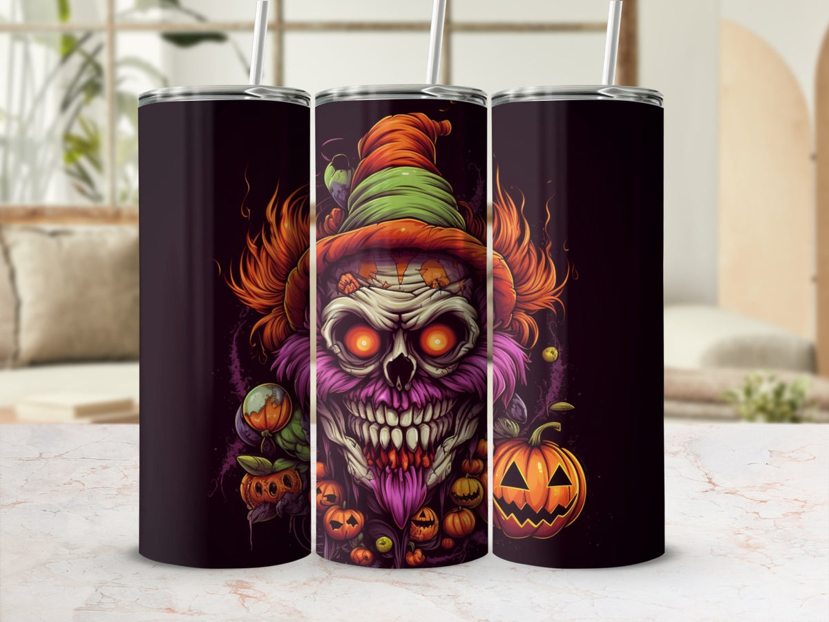 Three tumblers with a spooky Halloween clown skull design and pumpkins.