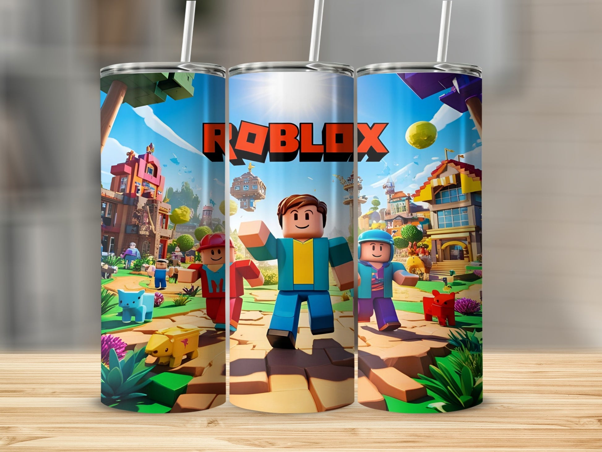 Roblox game scene with characters and cityscape on a tumbler.