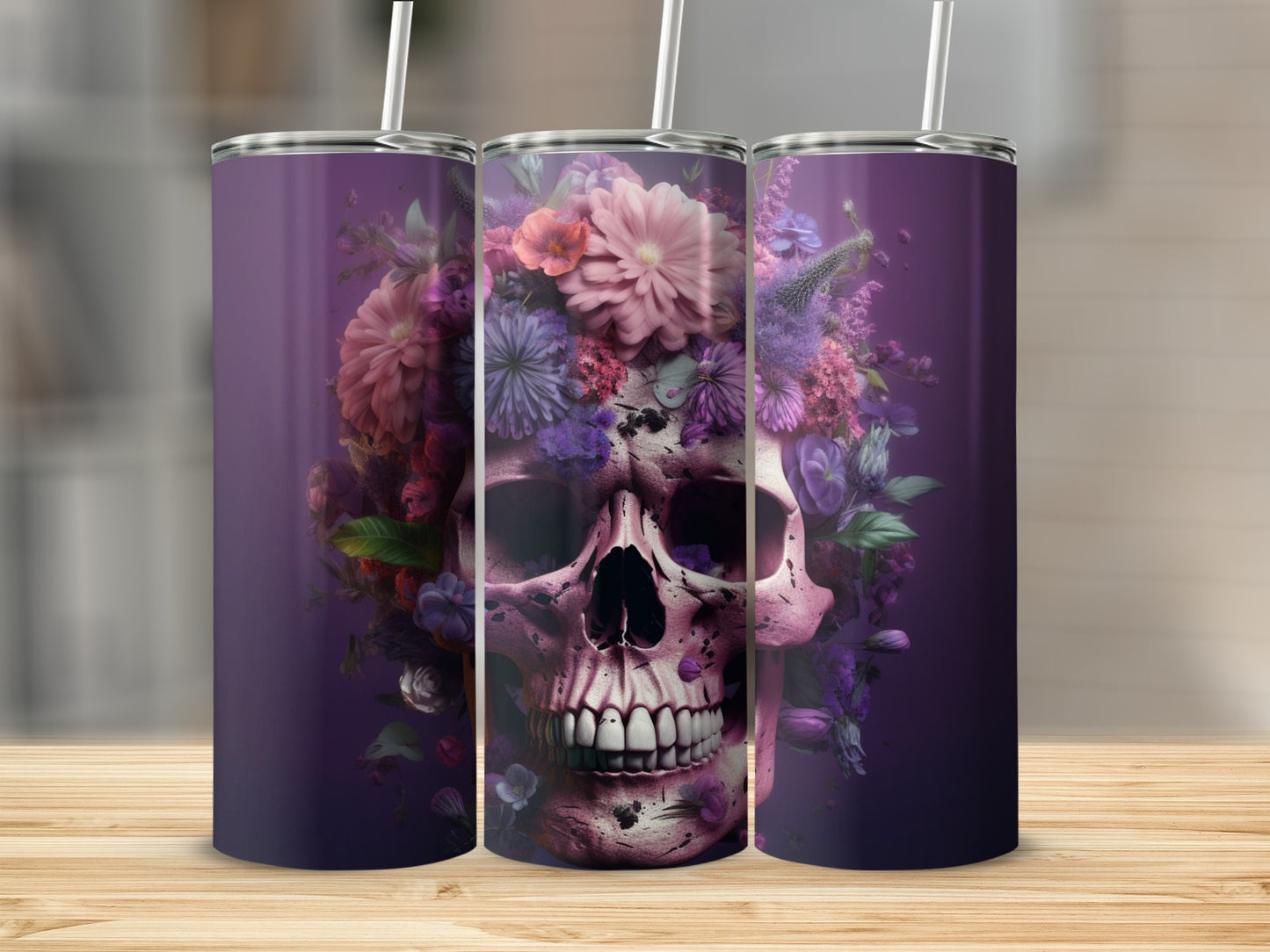 Floral Skull Design on Purple Tumbler Cup