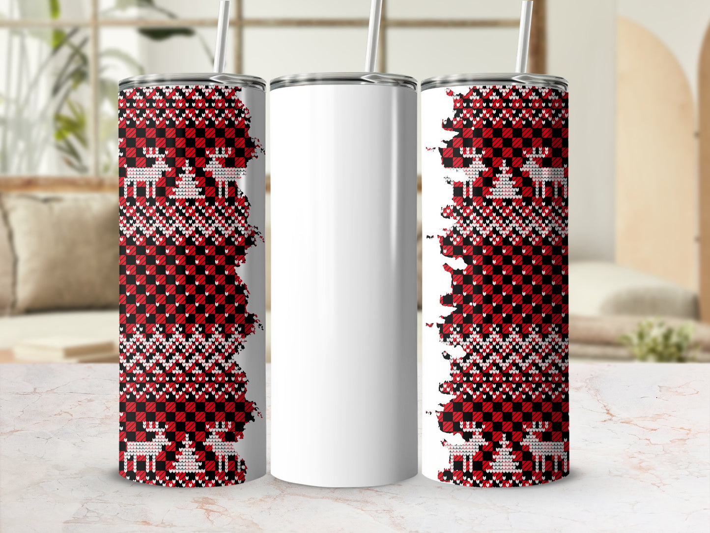 Festive Reindeer Plaid Tumbler for Holiday Beverage