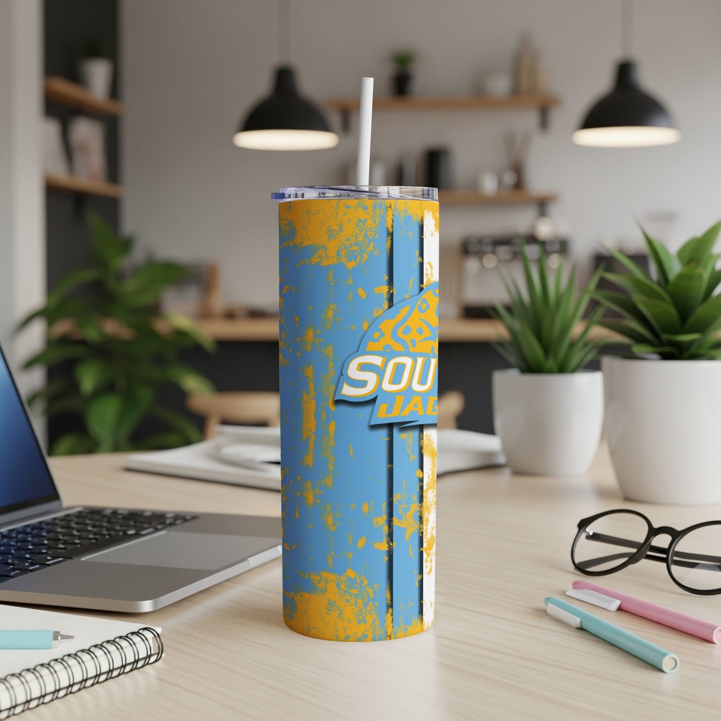 Tumbler with a blue background and distressed orange accents, features "SOUL JAZZ" text.