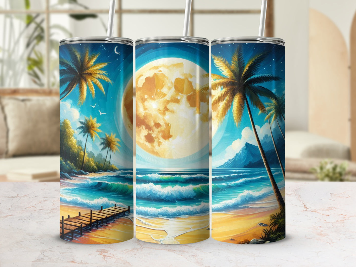 Tropical beach scene with palm trees, ocean waves, and a large full moon.