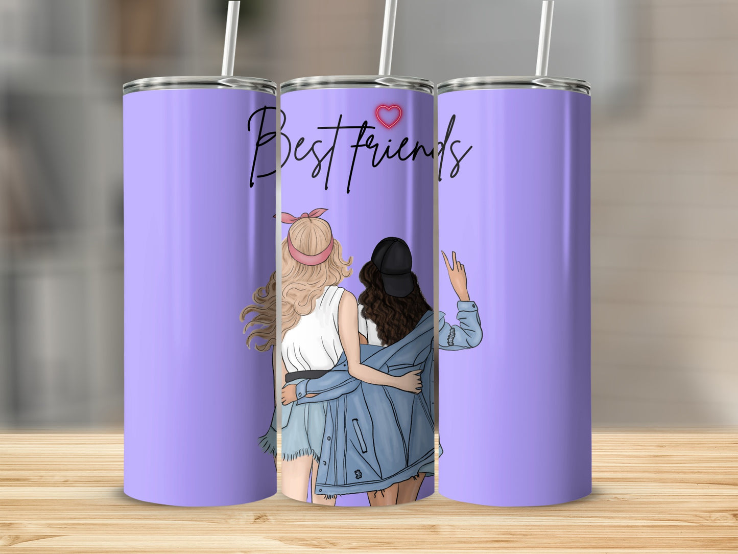 Best Friends Design Purple Tumbler with Straw