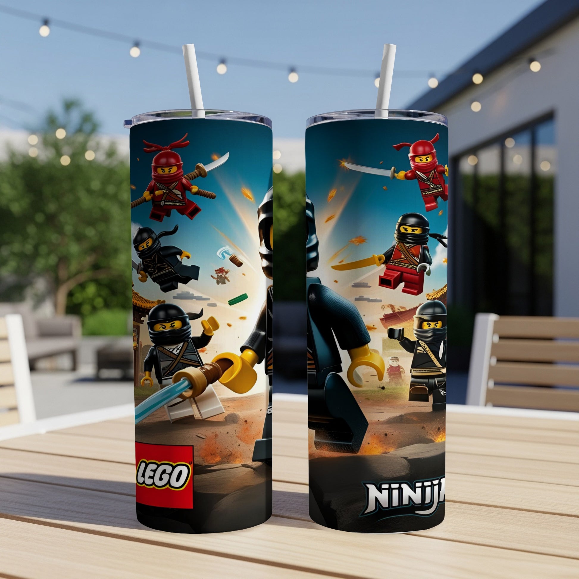 LEGO Ninjago characters in action pose on a tumbler.