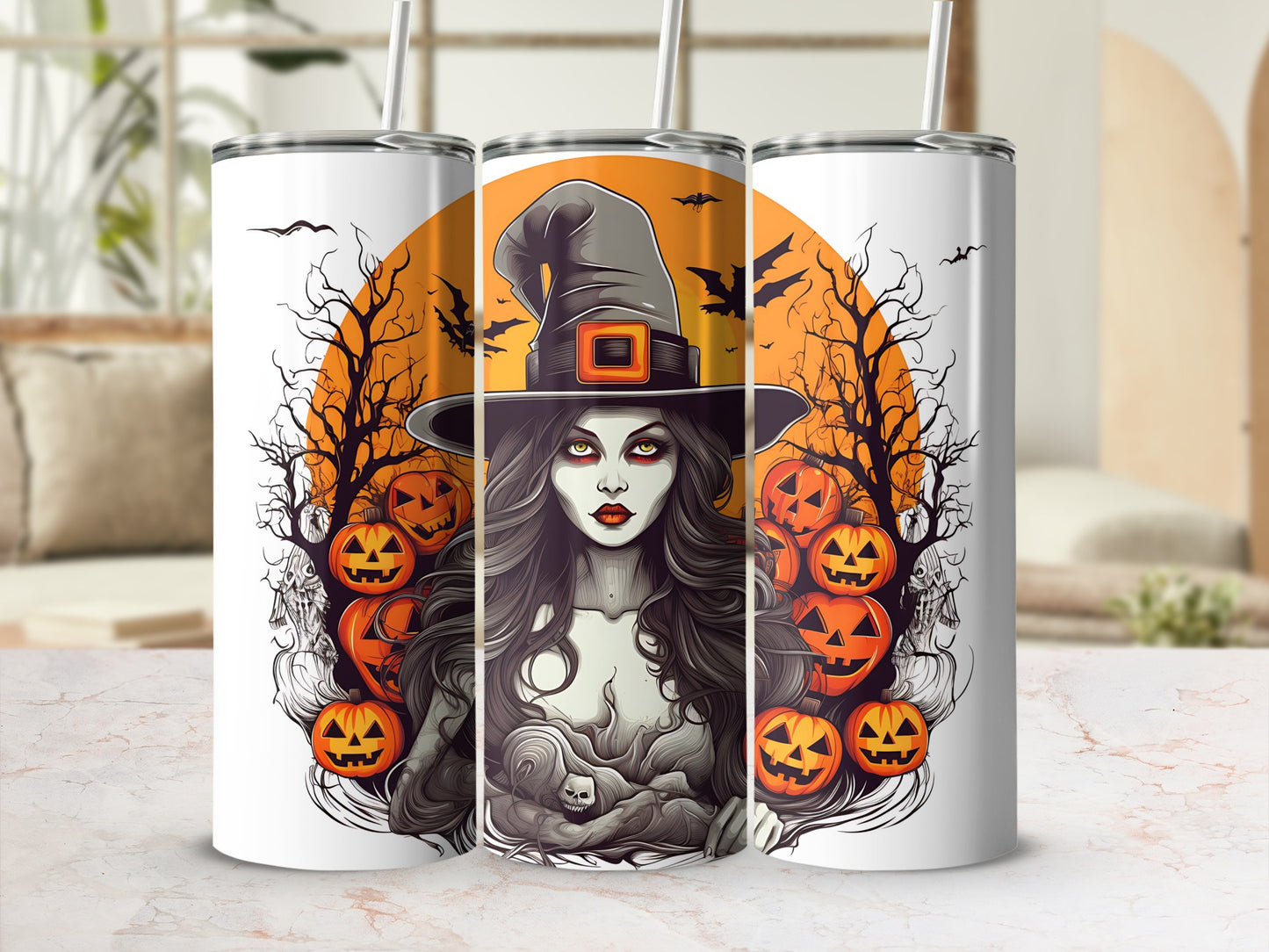 Three tumblers feature a spooky witch design with pumpkins and bats.