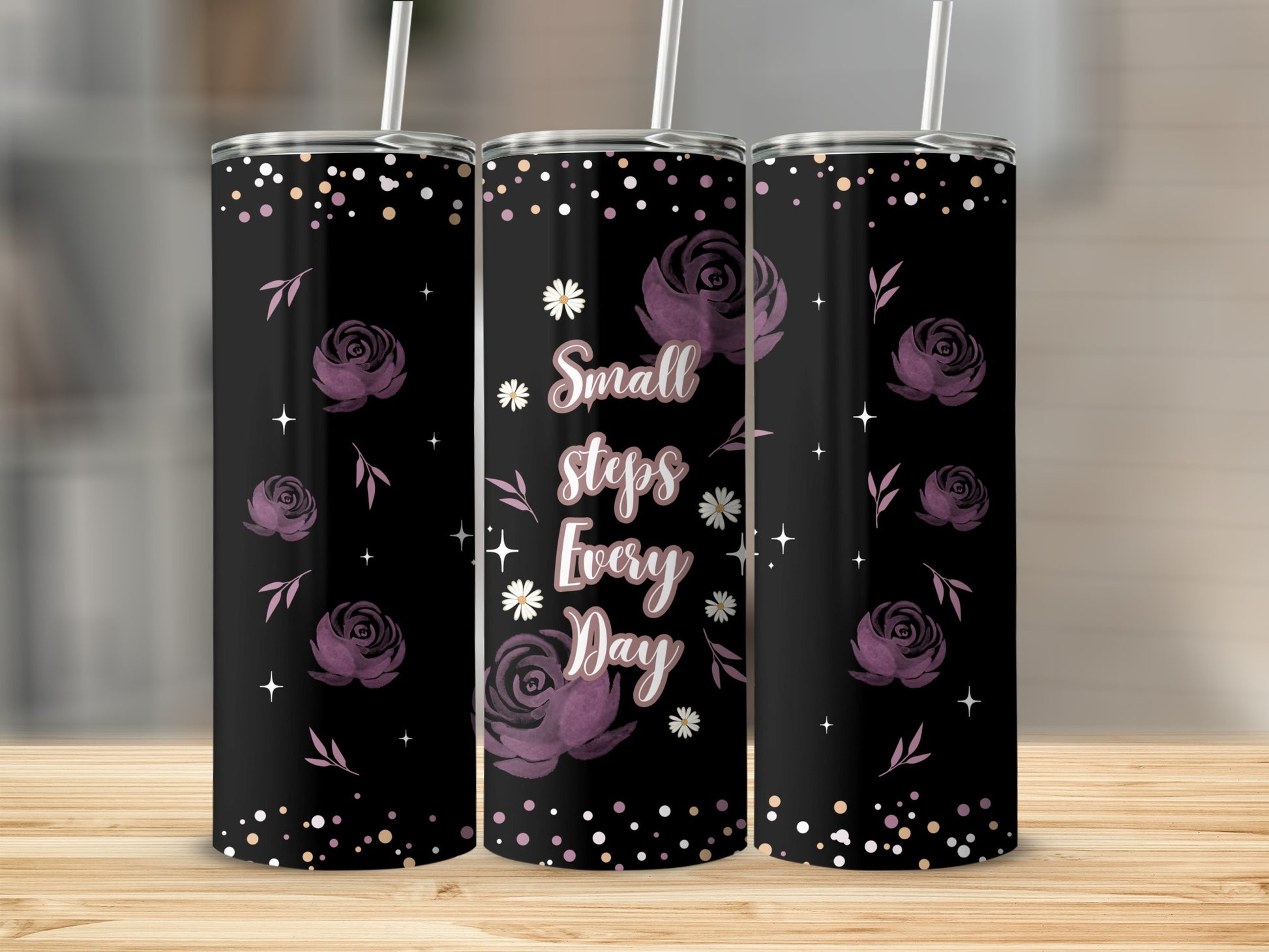 Black tumbler with purple roses and "Small steps Every Day" text.