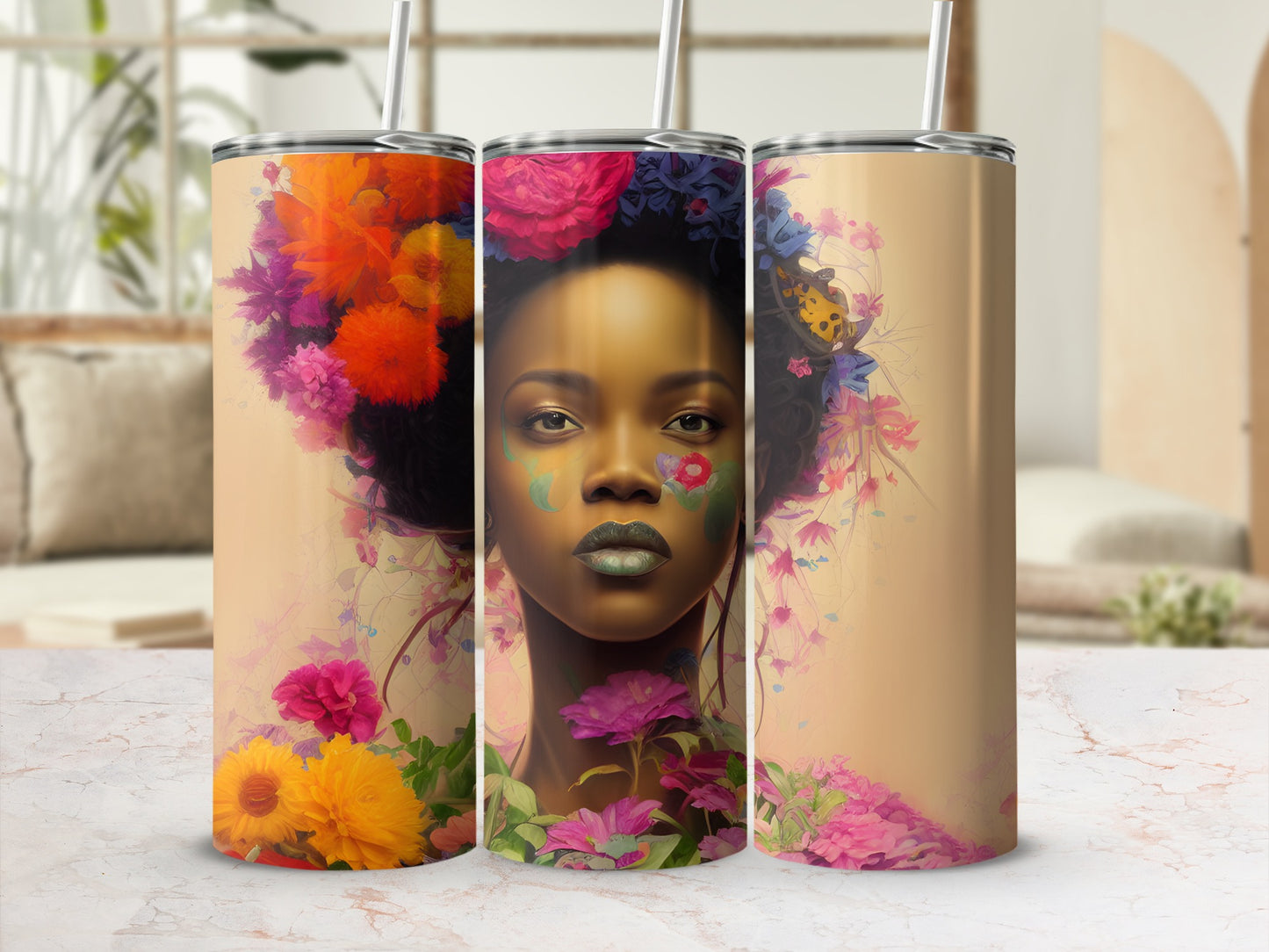 Woman's face with floral headdress and green lipstick, surrounded by flowers.