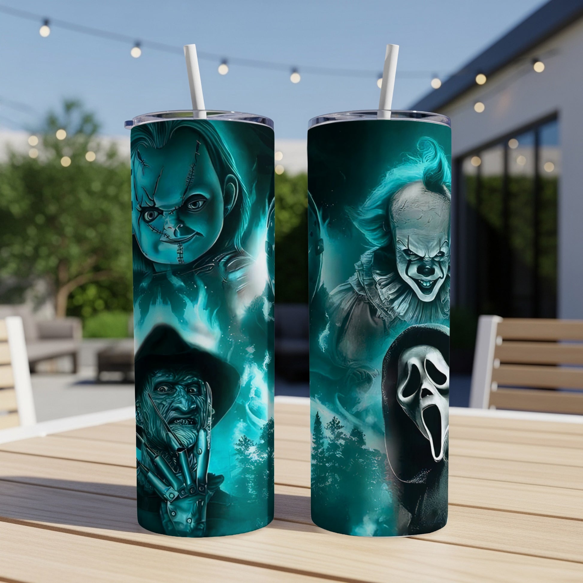 Two tumblers featuring Chucky, Freddy Krueger, Pennywise, and Ghostface on teal backgrounds.