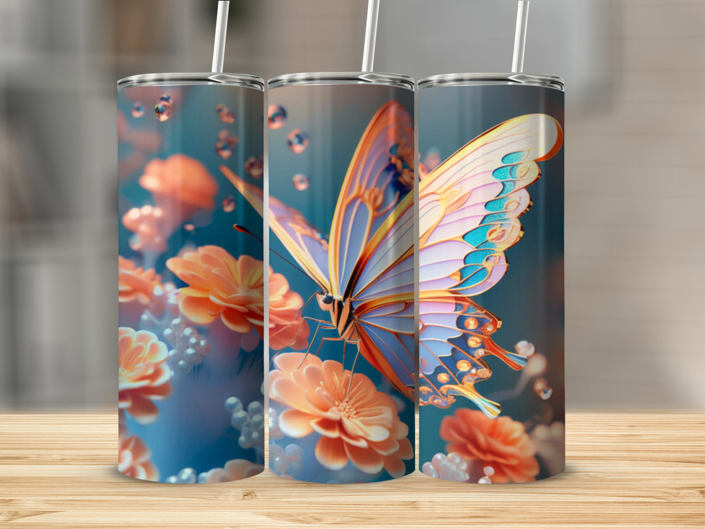 Three tumblers featuring a butterfly and floral design.