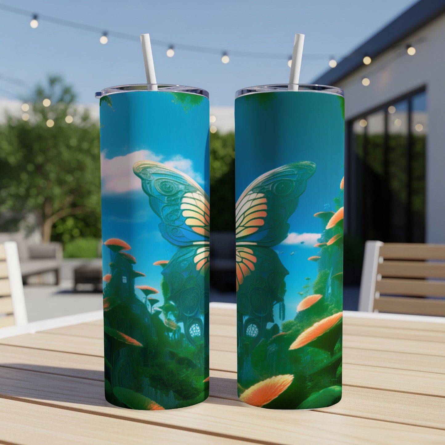 Two tall tumblers with fantasy forest and butterfly wings design.