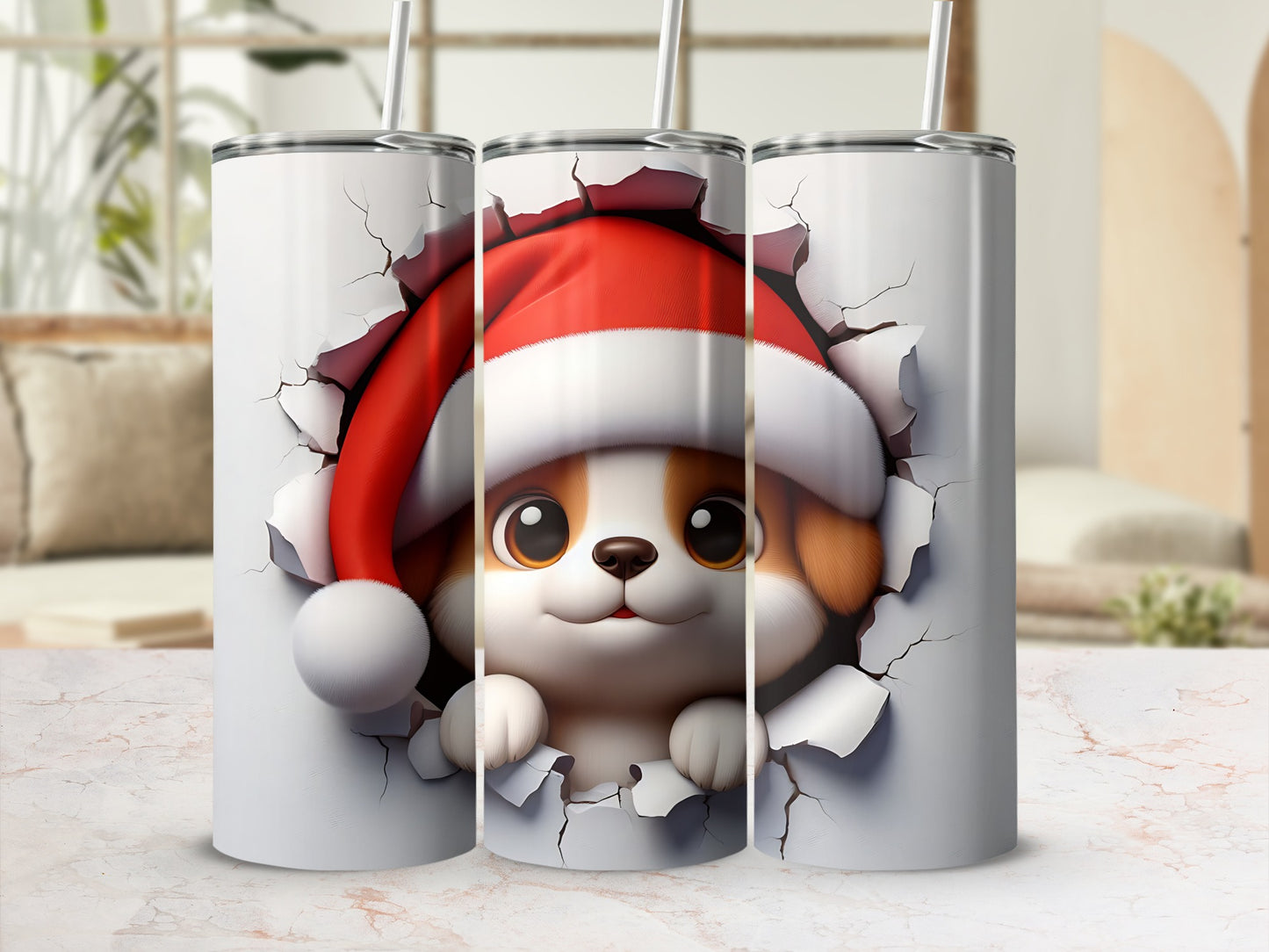 Cute puppy wearing a Santa hat peeking through a crack in a white surface.