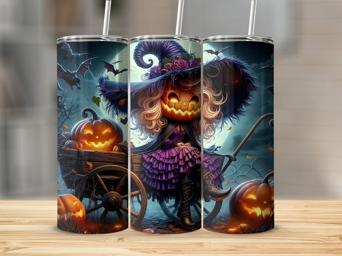 Halloween tumbler with pumpkin witch, wagon, bats, and glowing pumpkins.