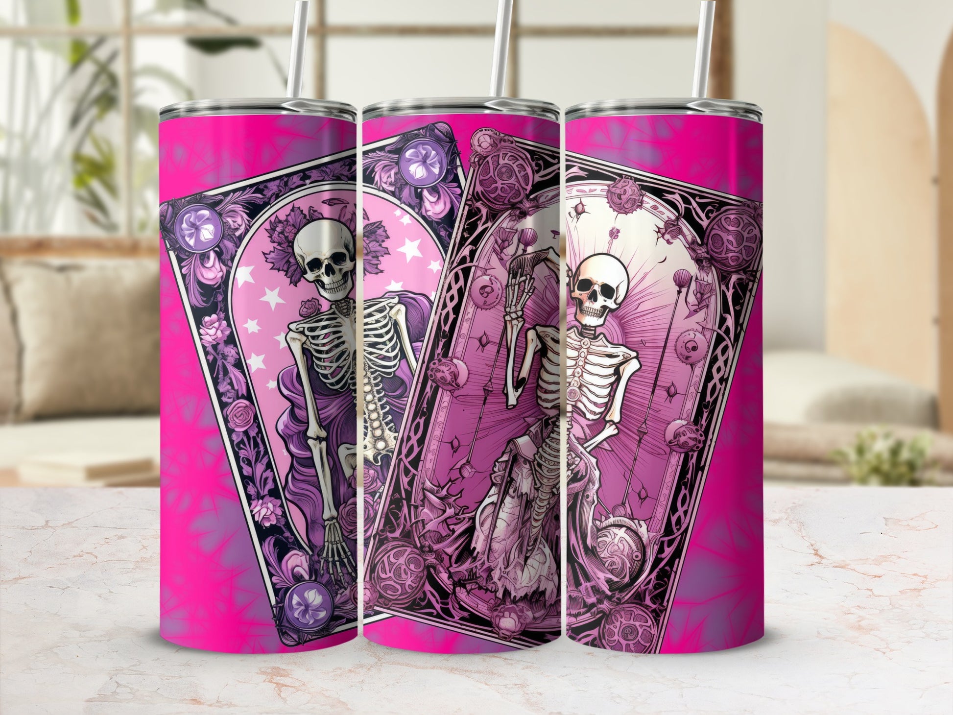 Vibrant Pink Skeleton Design Insulated Tumbler