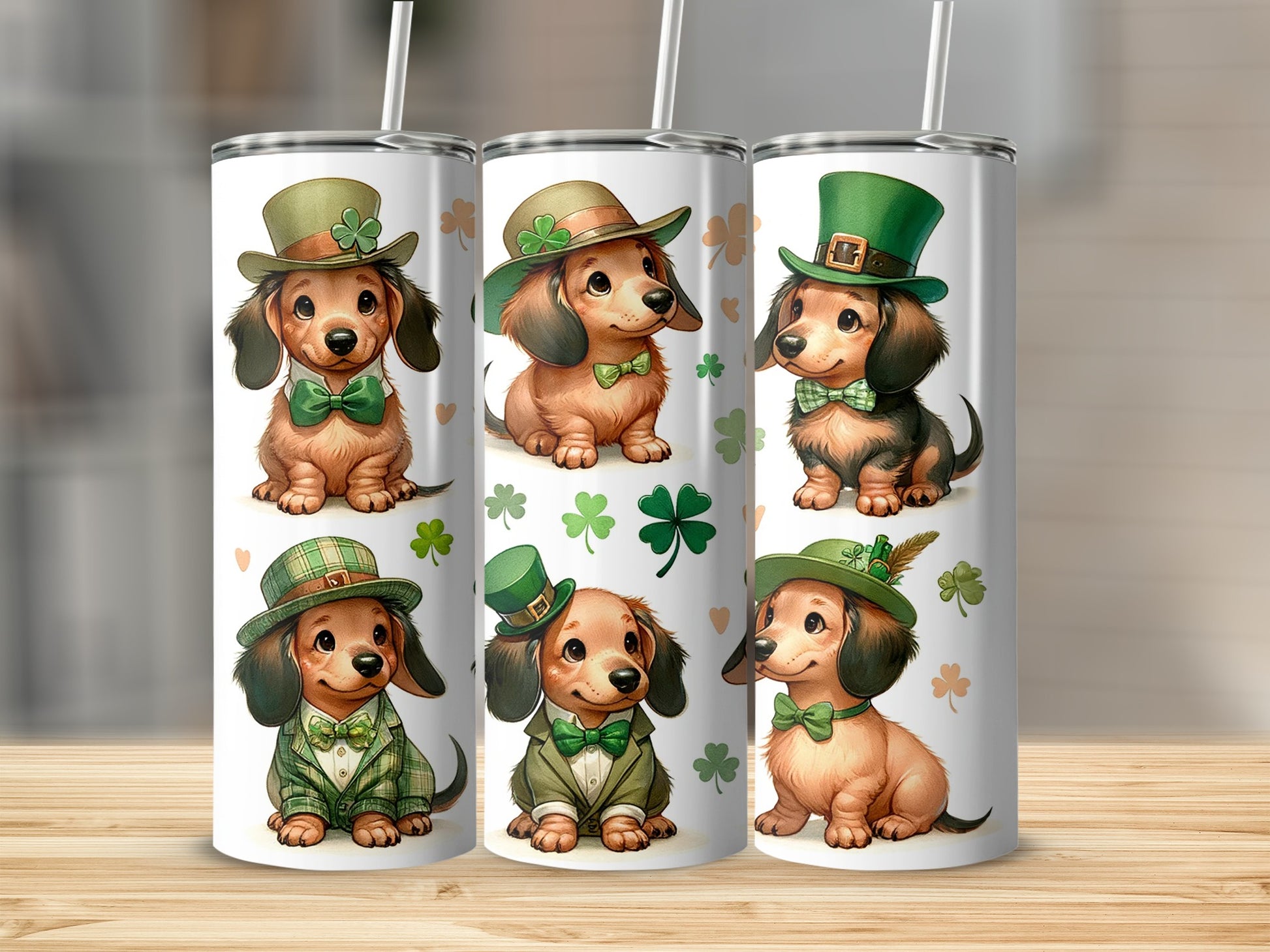 Three St. Patrick's Day themed dachshund tumblers with shamrocks and green hats.
