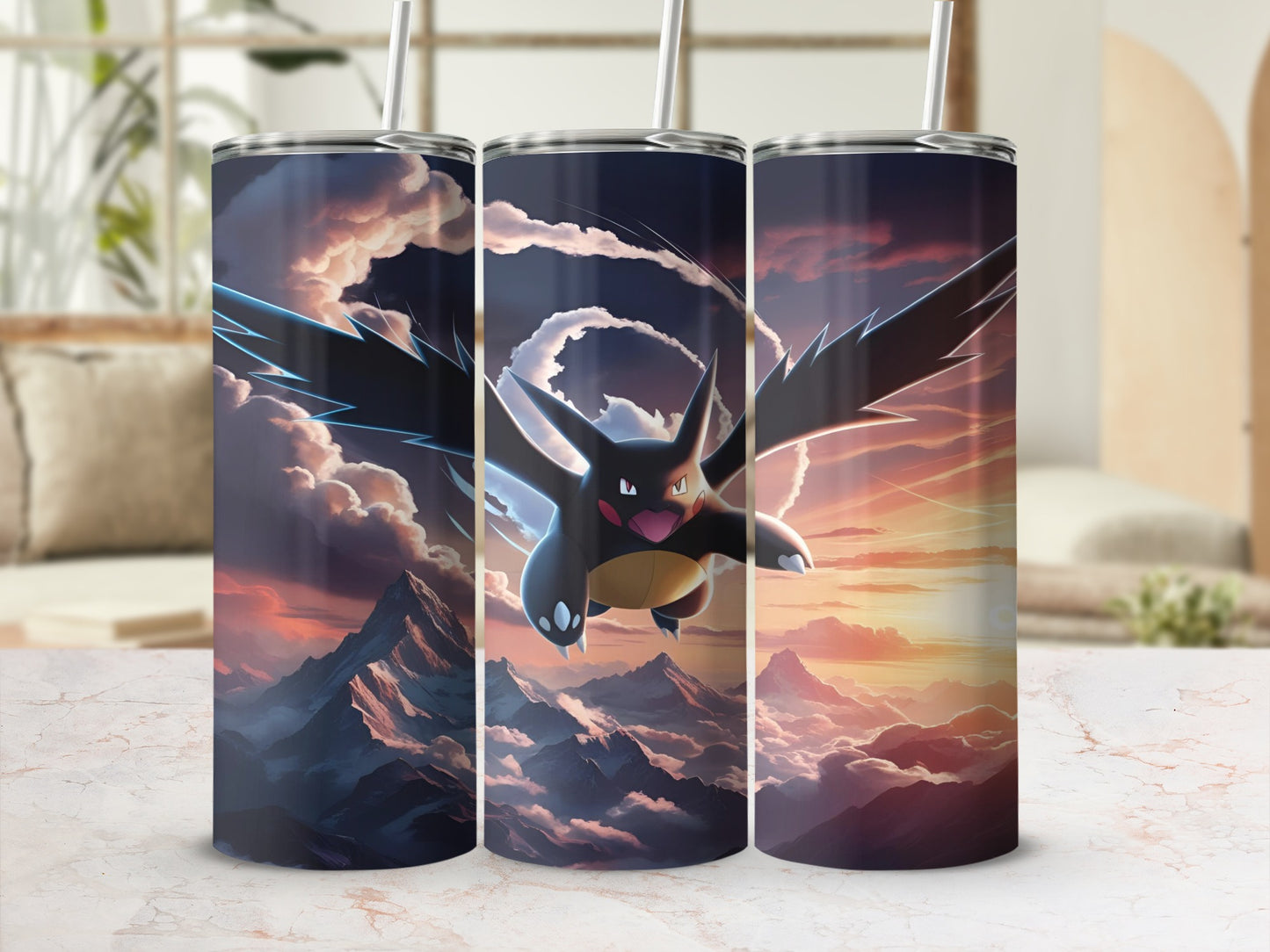 Dragonite Pokemon soaring over mountains at sunset, digital art tumbler.