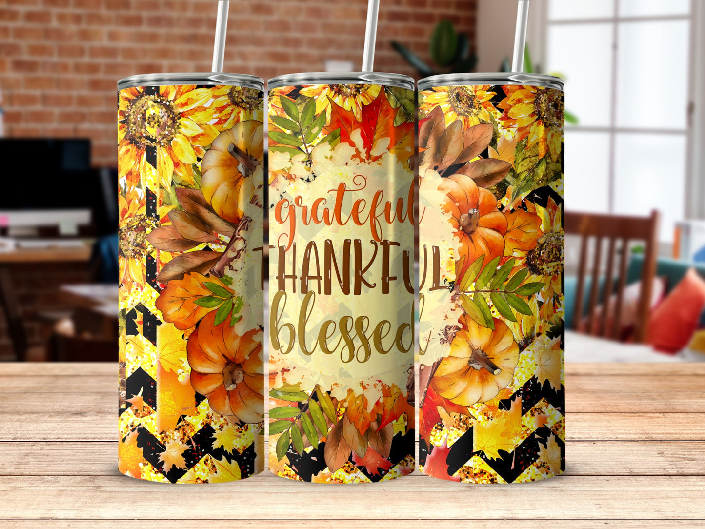 Thankful Blessed tumbler with pumpkins, sunflowers, and autumn leaves.