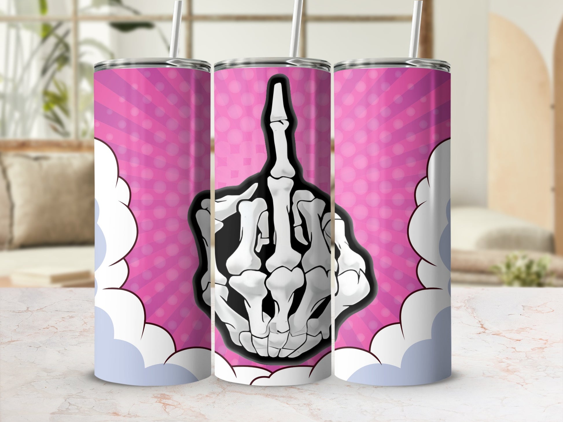 Edgy Skeleton Hand Pink Background tumbler