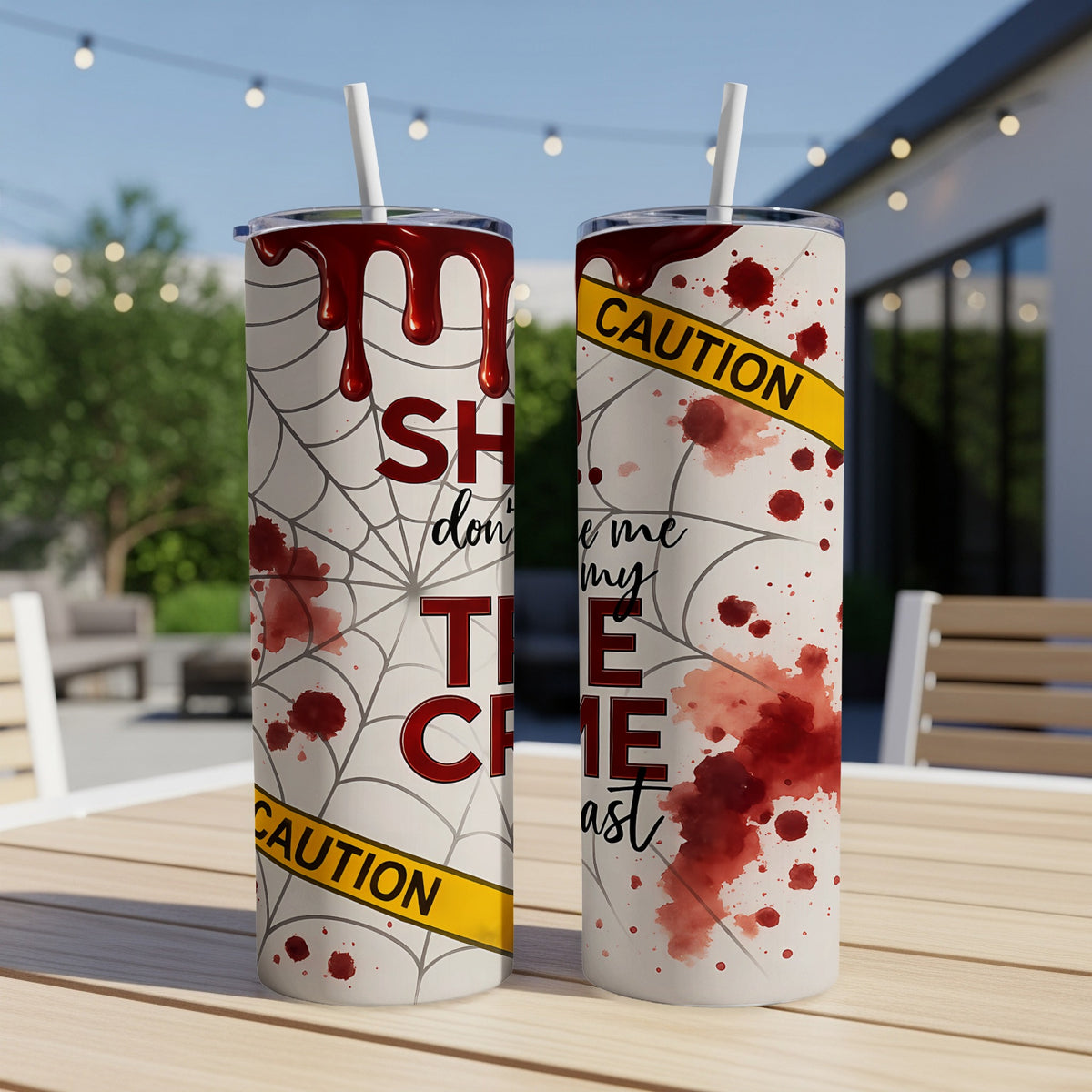 Two tumblers with dripping blood, spiderwebs, and "Show me my true crime" text.
