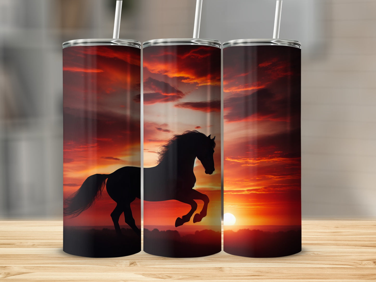 Silhouette of a galloping horse against a dramatic sunset sky.