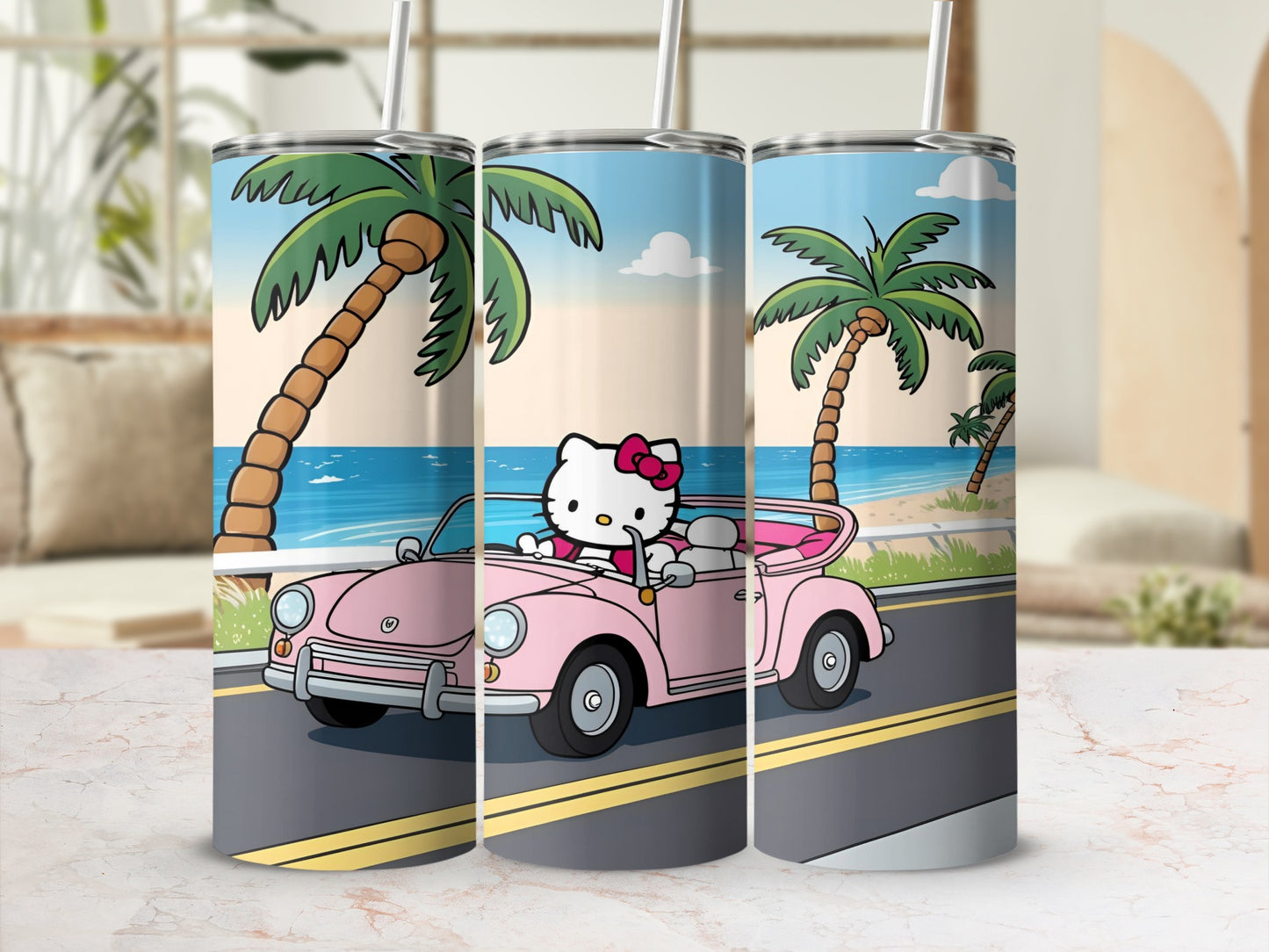 Hello Kitty drives a pink convertible on a beach road.