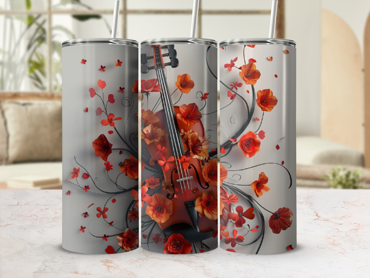 Violin with orange flowers and vines on a grey tumbler.