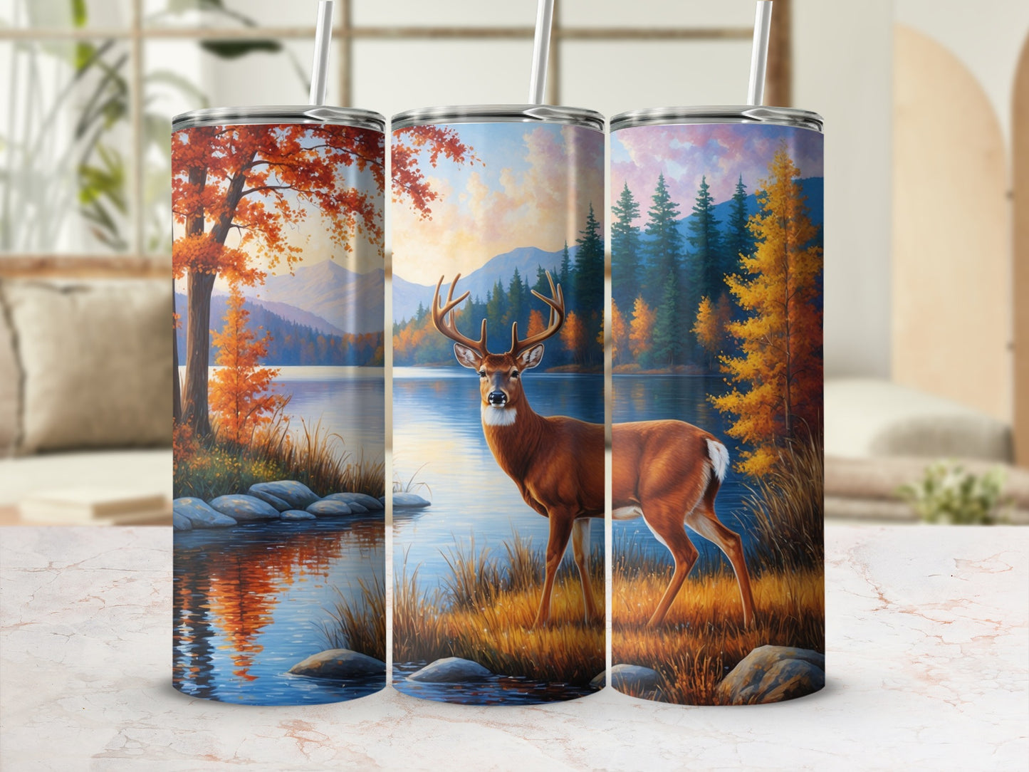 Deer by autumn lake, forest background, on three tumblers.