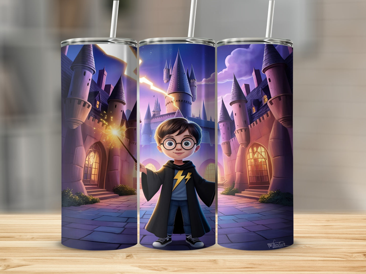 Cartoon Harry Potter character in front of Hogwarts castle.