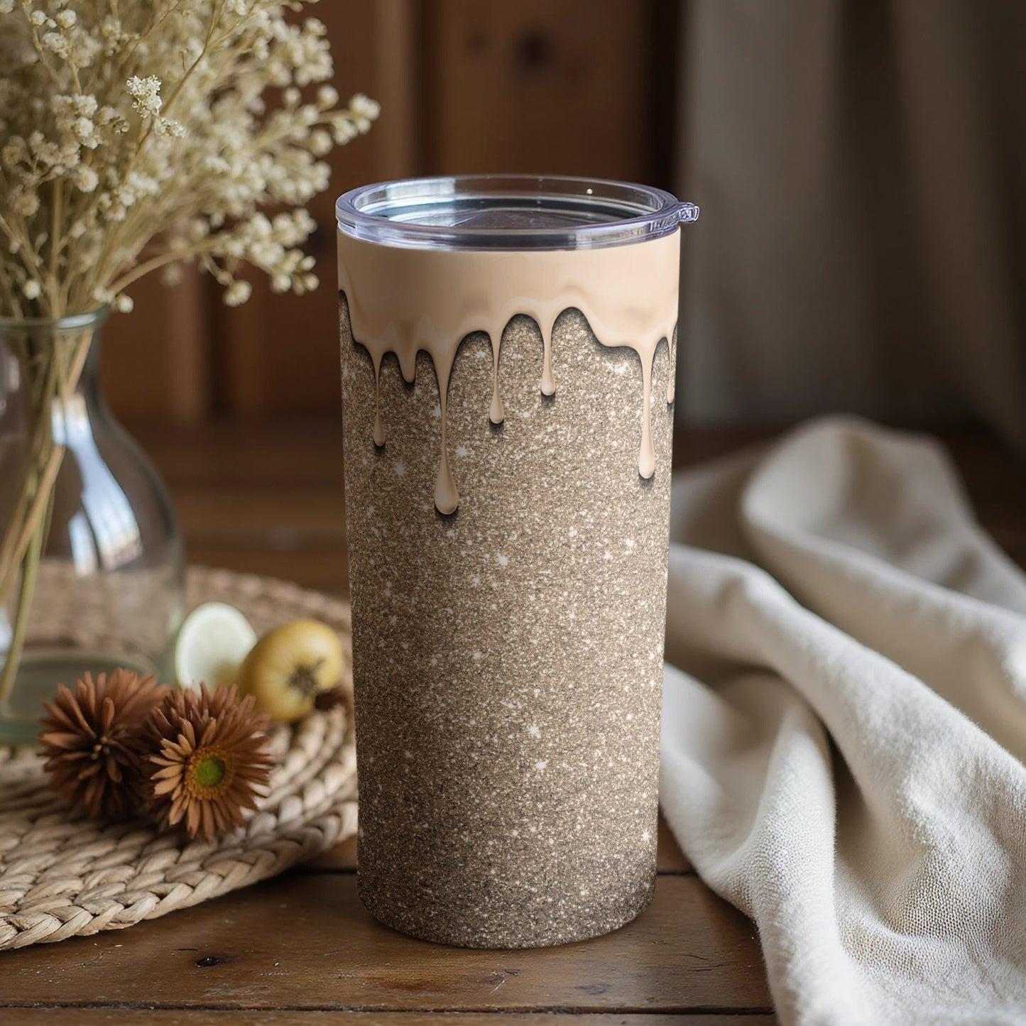 Beige and Brown Gradient Tumbler with Glossy Drip Finish