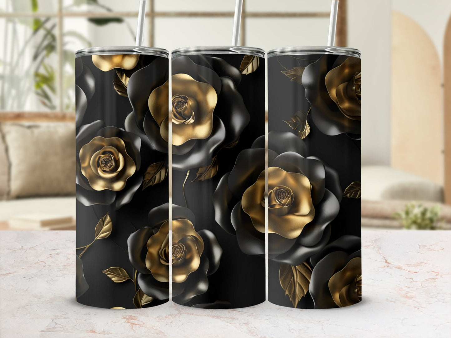 Black and gold roses on a tumbler with a straw.