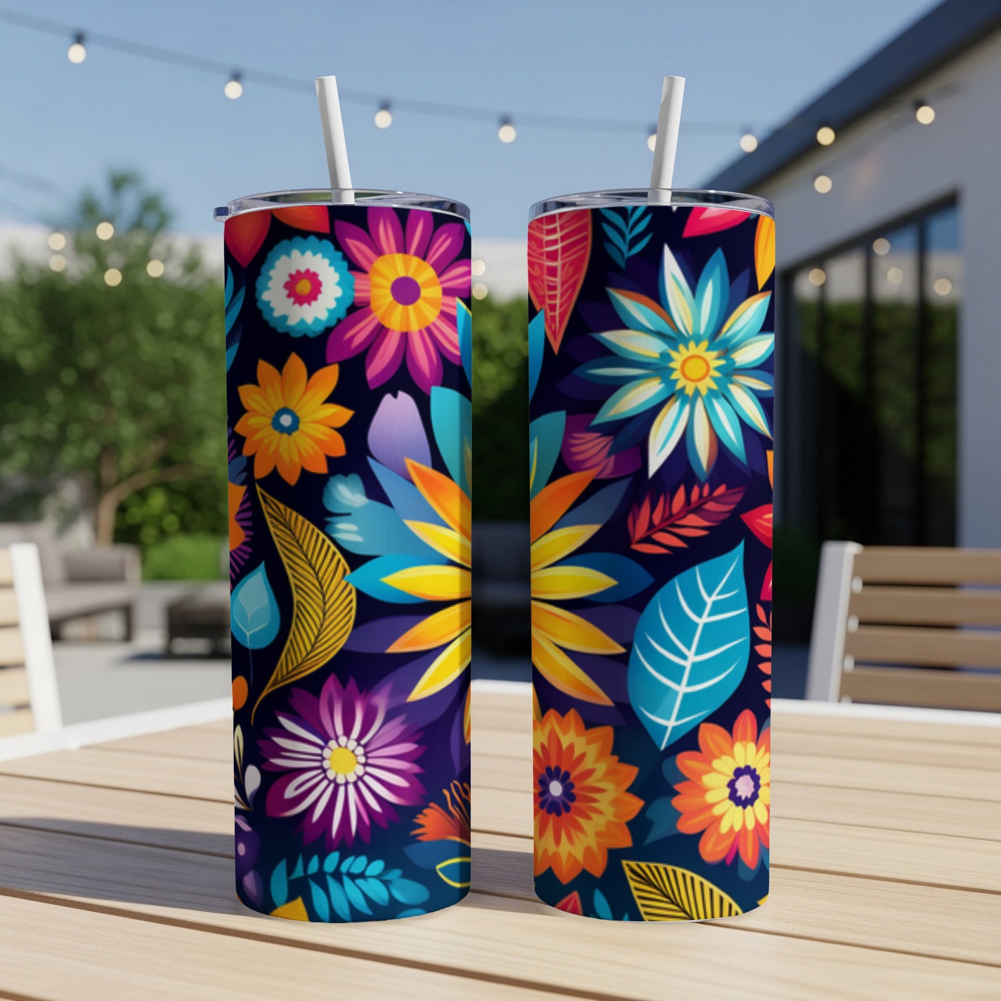 Two tumblers with a colorful floral and leaf pattern on a wooden table.