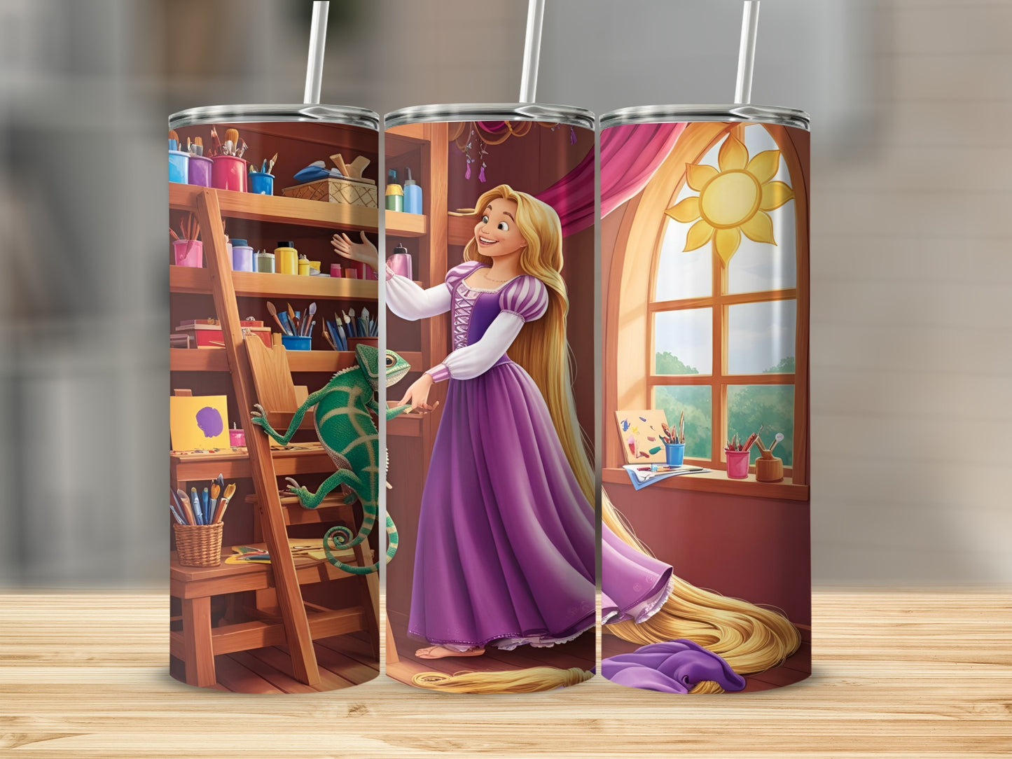 Rapunzel with Pascal, a chameleon, in a room with art supplies.