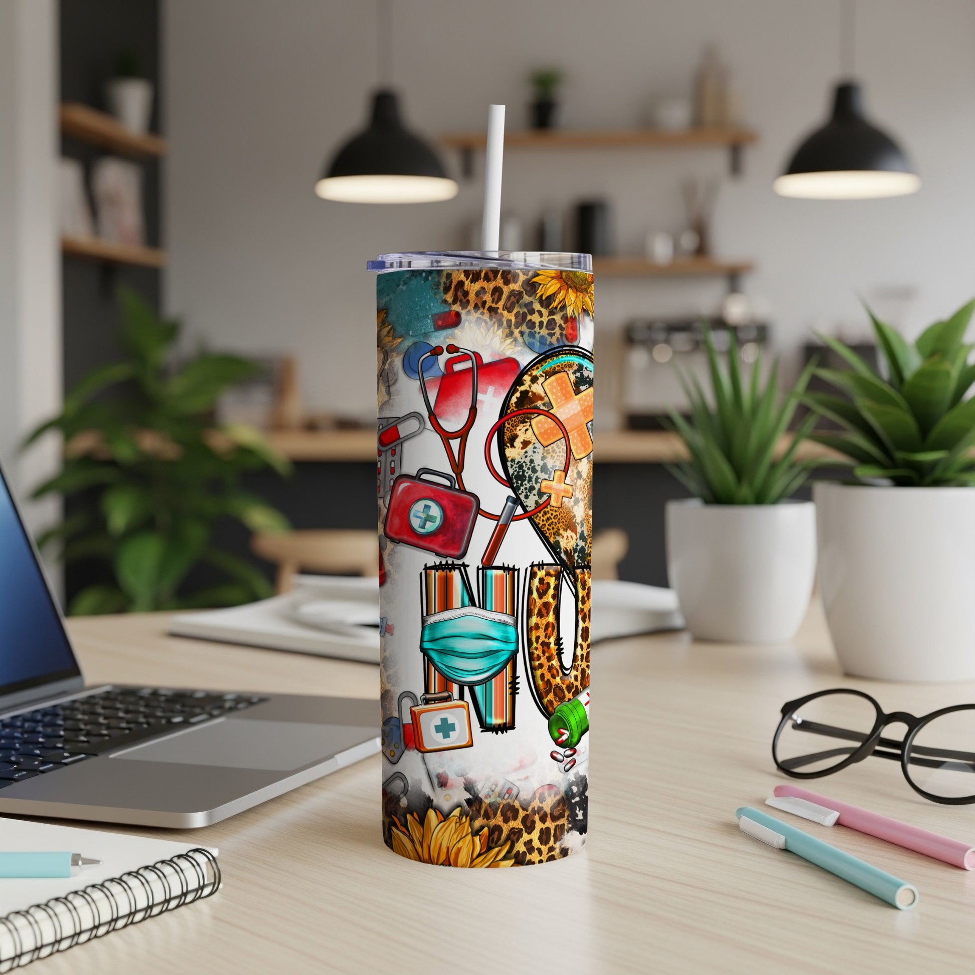 Tumbler with medical icons, a stethoscope, mask, and "NURSE" text.