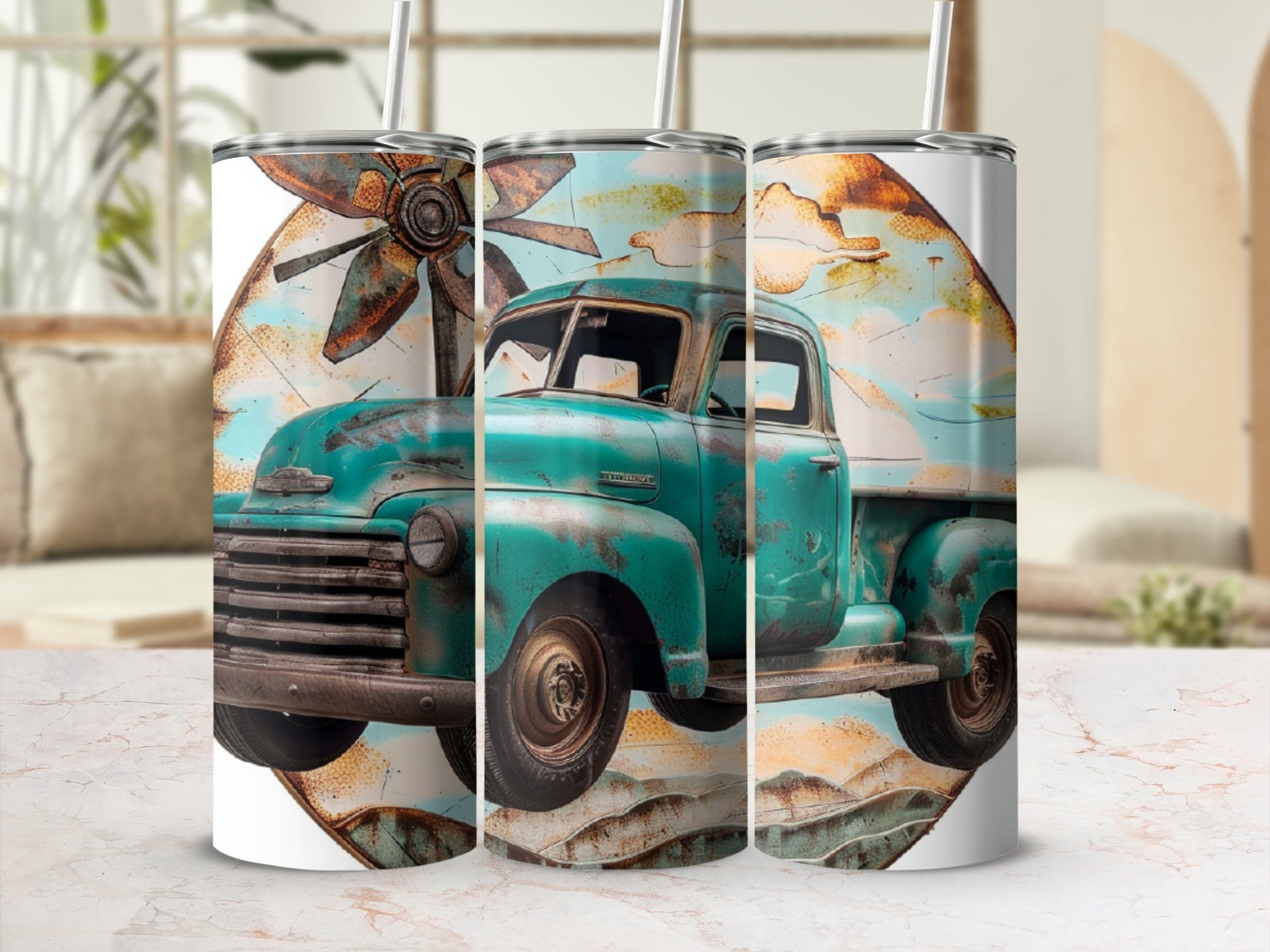 Vintage teal pickup truck with rust and windmill design on a tumbler.