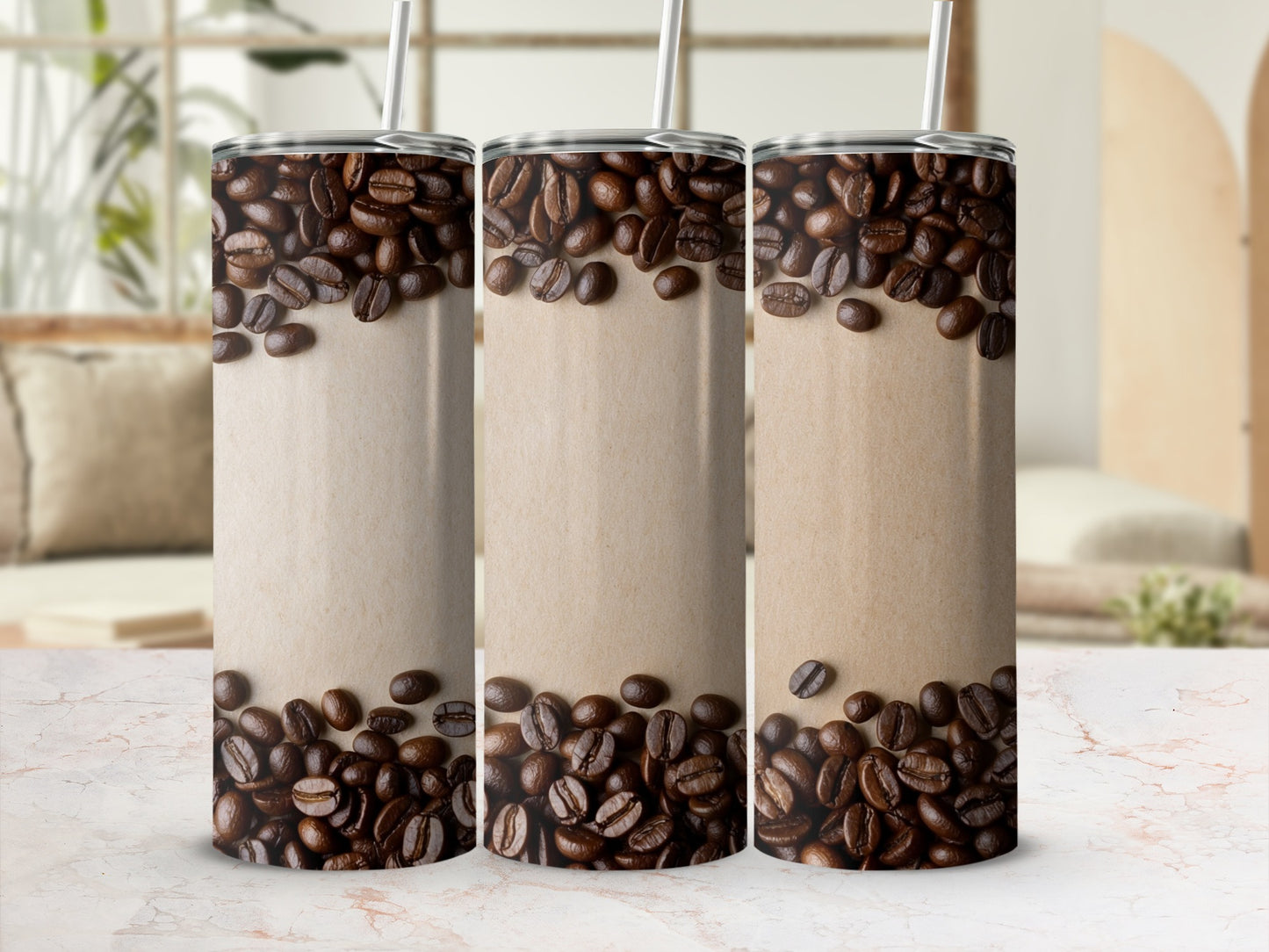 Three tumblers adorned with coffee beans and blank paper.